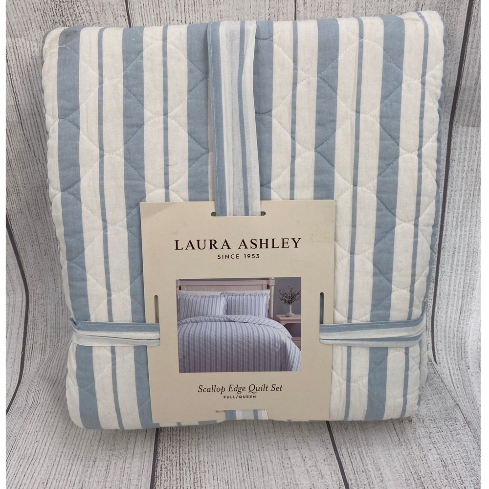Laura Ashley Scallop Edge Quilt Set Full/Queen Blue White Striped Feminine Cozy - Picture 1 of 12